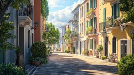 Fototapeta premium 3D illustration of a town exterior featuring a mix of old and new apartments set in a vibrant neighborhood with street details and a relaxing atmosphere