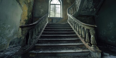 Decaying Staircase and Window in Abandoned Building