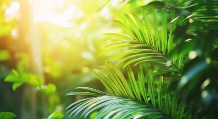 Lush tropical greenery illuminated by golden sunlight in a serene natural setting