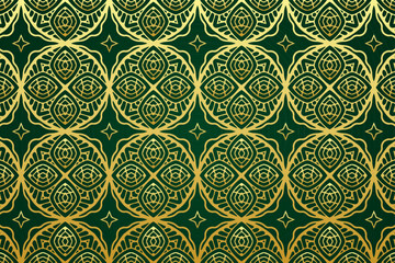 Embossed green background, tribal design cover, banner. Geometric gold exotic pattern in stained glass style. Ethnic ornaments, mandala, arabesque. Traditions of the East, Asia, India, Mexico, Aztec