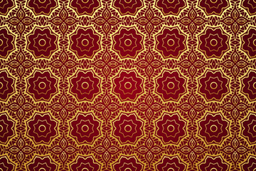 Embossed red background, tribal design cover, banner. Geometric golden floral pattern in stained glass style. Ethnic ornaments, mandala, arabesque. Traditions of the East, Asia, India, Mexico, Aztec