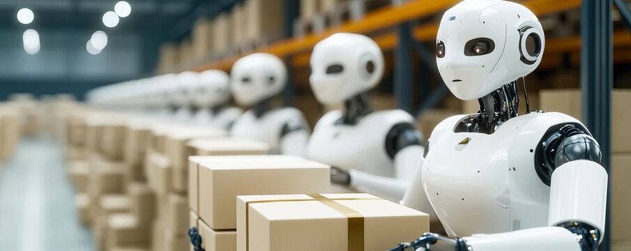 Rows of automated robots sorting packages in a futuristic warehouse, symbolizing advanced AI and automation in logistics