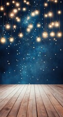 Decorative string lights illuminate a dark blue cosmic backdrop for a serene atmosphere