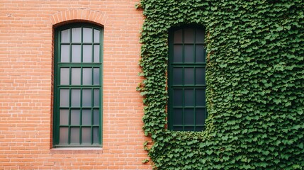 Fototapeta premium Rustic old brick warehouse exterior with ivy-covered walls, blending industrial history with natural growth