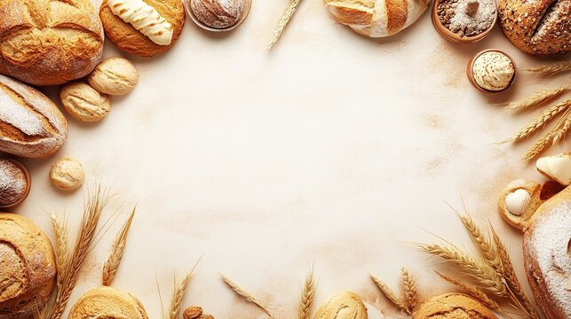 bakery shop banner with frame border and copy space highlighting freshly baked goods, desserts, and pastries for gourmet bakery promotions and food-related advertising