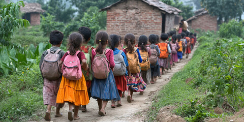 Children walking to school in rural area, symbolizing education and poverty in developing regions