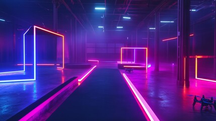 Indoor Arena for Drone Racing with a Neon-Lit Obstacle Course