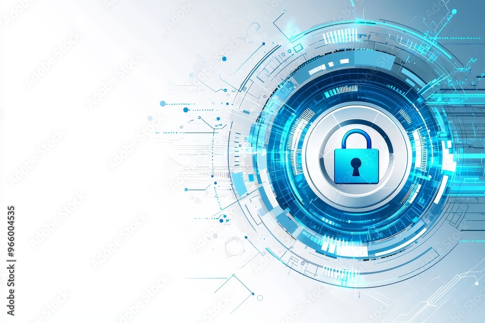 Poster symbolic padlock icon, network data and dynamic lines on a light blue background representing cyber 