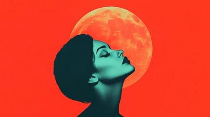 Obraz premium A striking silhouette of a woman against a vibrant red background, with a luminous moon highlighting her profile.