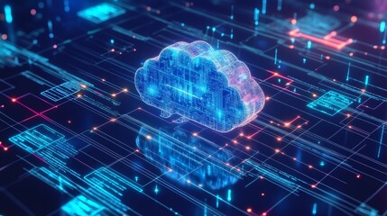 A glowing cloud computing symbol on a digital network.