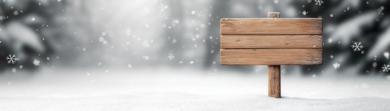 Blank wooden sign standing in a snowy landscape, with snowflakes on the edges, wooden sign snow, winter theme