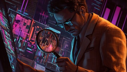 An image showing a cyber detective inspecting encrypted data streams with a magnifying glass