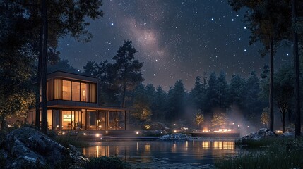 Fototapeta premium Luxurious high tech house by a serene lakeside A stunning starry evening depicted in 3D render