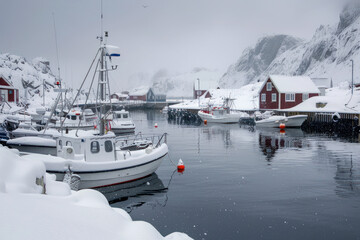 Small Nordic village, snowy fishing port with boats in calm waters