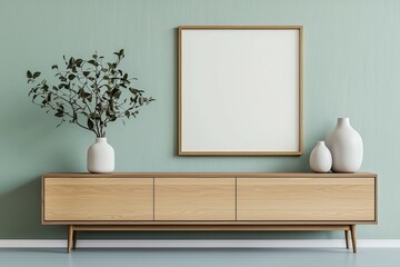 Spring home decor template with mock-up poster frame, wooden bench, green stands, stylish lamp, beige bowl, olive tree, and personal accessories.