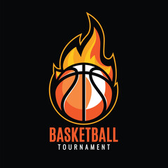 Basketball ball on fire background. Team or tournament colorful symbol or emblem on black background. Design in a graphic art style, Vector illustration