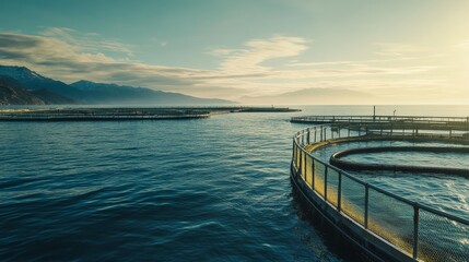 Obraz premium Ocean View with Circular Salmon Farm Pens