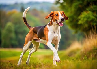 A Beautiful English Foxhound Runs With Its Long, Lean Body, Pointed Ears, And Distinctive Coloration In A Scenic Outdoor Setting.
