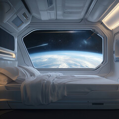 Futuristic Space Station Bedroom, a cozy bed with plush bedding, sleek design, large window revealing Earth and a shooting star amidst a star-studded sky.
