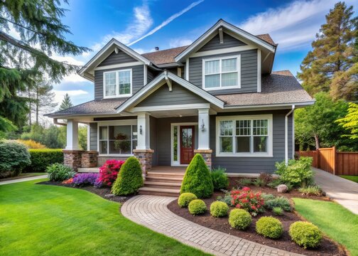 A beautiful, modern, suburban home with newly renovated exterior, featuring fresh paint, new windows, and lush greenery, surrounded by a tidy front yard and sidewalk.