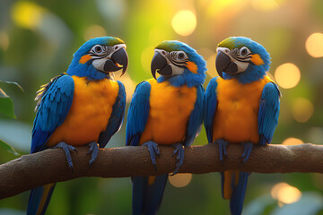 Obraz premium Three vibrant blue and yellow macaws perched on a branch in a lush, sunlit environment.