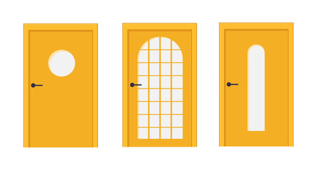 Collection of yellow closed wooden doors. Vector illustration. House exterior architecture concept.	