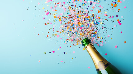 Celebratory champagne bottle explosion with colorful confetti on a bright background