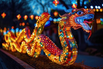 Fototapeta premium Vibrant Chinese Dragon Lantern Sculpture at Night Festival