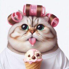 A fat cat with curlers in its hair and ice cream on its tongue, wearing a white t-shirt