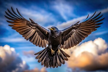 Obraz premium A Black Bird Spreads Its Wings And Soars Through The Sky, Its Dark Feathers Contrasting Against The Bright Backdrop