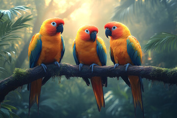 Three colorful parrots perched on a branch in a lush, tropical forest.