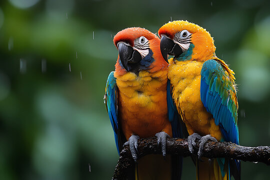 Two colorful parrots perched on a branch in a lush, rain-soaked environment.