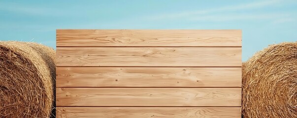 Large blank wooden sign in front of a barn, with hay bales and farm animals nearby, barn wooden sign blank, farm-themed signage