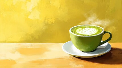 Obraz premium A steaming cup of matcha latte against a yellow background