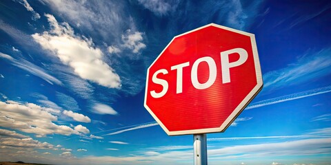 A bright red octagonal stop sign with white lettering and a reflective surface stands alone against...