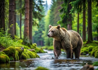 Obraz premium A Brown Bear Walks Determinedly Through A Lush Green Forest, Surrounded By Towering Trees And A Babbling Brook.