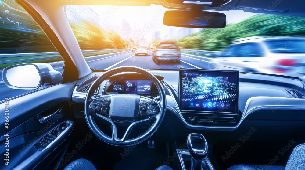Poster vehicle autonomously navigating a highway with a digital interface that displays telemetry data. dri