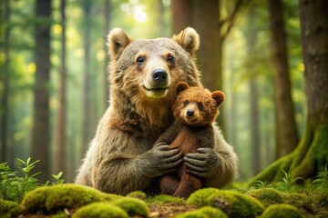 Fototapeta premium A Brown Bear With A Warm Smile Envelops A Wide-Eyed Squirrel In An Affectionate Embrace While Standing In A Lush Forest.