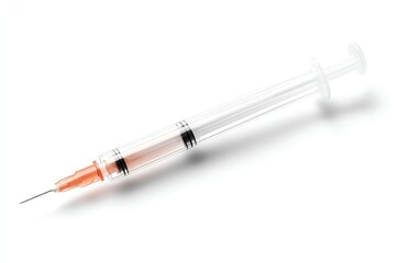 Fototapeta premium Close-up of a medical syringe, featuring a clear barrel and an orange needle, ideal for healthcare or pharmaceutical imagery.