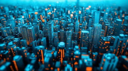 Obraz premium Vibrant cityscape showcasing towering buildings and illuminated windows in a mesmerizing blue hue, perfect for urban-themed projects.
