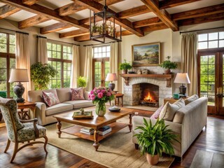 A Charming Southern-Style Living Room With Rustic Wooden Beams, Cozy Seating, And Elegant Floral Details