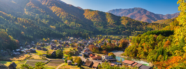 Shirakawago village Gifu Japan panorama, Historical Japanese traditional Gassho house at Shirakawa...