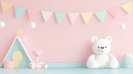 cozy baby room with pastel colors and toy bear in a minimalist modern design perfect for a playful and aesthetic nursery space with soft decor and clean lines