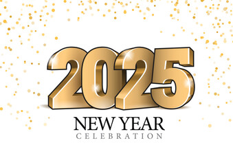 Colorful new year wallpaper in with the word new year 2025. Design with golden color numbers on a white background. New year 2025 celebrations template greeting card or poster. Vector