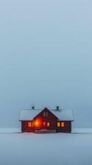 Fototapeta premium Cozy cabin with warm light in snowy winter landscape