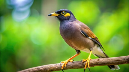Fototapeta premium A Close-Up Photo Of A Mynah Bird Perched On A Branch, With A Blurred Green Background And A Prominent Yellow Eye.