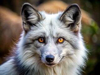 A Close-Up Portrait Of A Fluffy White And Black Fox With Piercing Yellow Eyes, Its Bushy Tail Curled Behind It