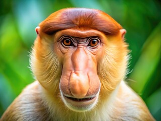 Naklejka premium A close-up portrait of a peculiar proboscis monkey with a distinctive long nose, showcasing its unique facial features in a lush rainforest environment.