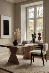 Modern home office with a minimalist design, featuring a wooden desk with decorative items, a chair, and potted plants. Natural light enhances the warm atmosphere in this room.