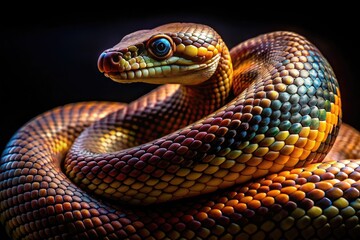 Obraz premium A Coiled Snake'S Scales Shimmer In The Light As It Rests On A Dark Background.